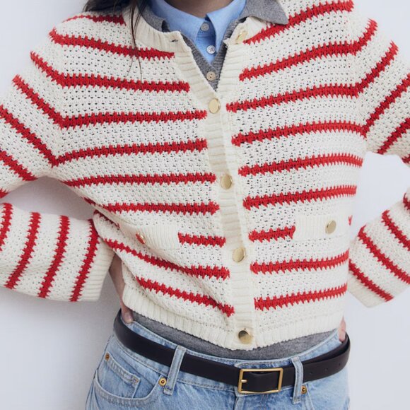 H&M Stripe Cardigan Sweater Women's Large Crochet Retro Cottage Core Red Cream - Picture 1 of 8